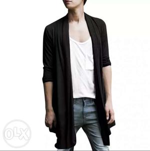 Black solid cotton full sleeves cardigan for men