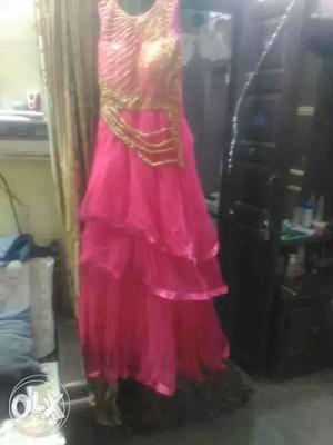 Pink And Brown Crew-neck Sleeveless Maxi Dress
