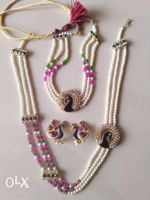 Pink & green beads short set and haar with earings