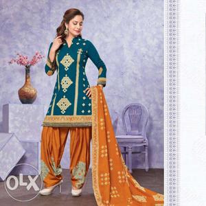 Women's Teal, Beige And Brown Sari Dress