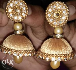 Pair Of Gold-colored Silk-thread Jhumkas Earrings