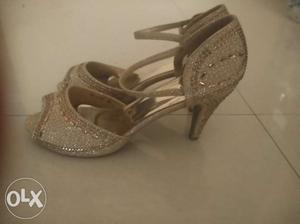 Pair Of Gray Ankle Strap Kitten-heel Shoes