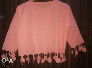 Pink Long-sleeved Crop Top With Fringe
