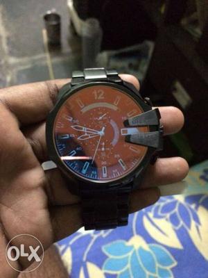 Round Black Chronograph Watch With Black Link Bracelet
