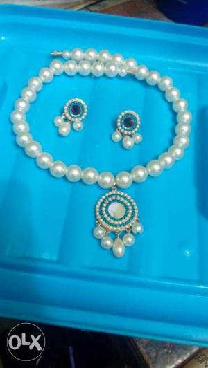 Beaded White Pearl Necklace And Pair Of Earrings