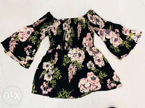 Black And Pink Floral Scoop-neck Long Sleeve Shirt