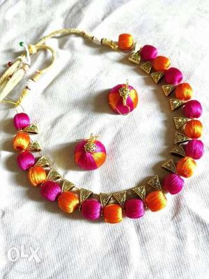 Gold-colored, Pink, And Orange Necklace And Earrings