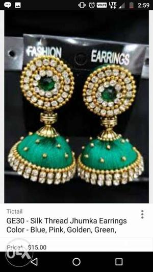 Pair Of Gold-colored And Green Jhumkas Earrings