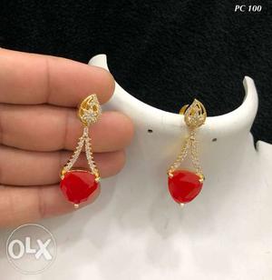 Pair Of Gold-colored Red Gemstone Drop Earrings