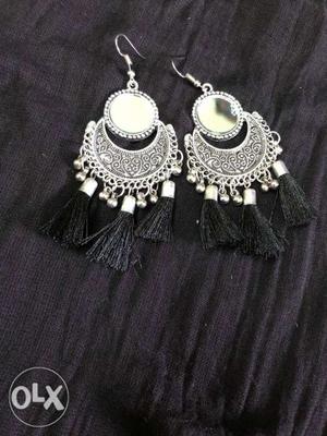Pair Of Silver-colored-and-black Hook Earrings