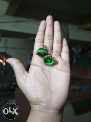 Pair Of Women's Green Silk Thread Jhumkas Earrings