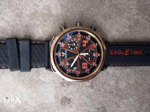 Round Gold Chronograph Watch With Black Leather Strap. NEW