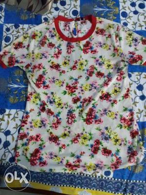 White, Red, And Yellow Floral Crew-neck T-shirt