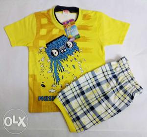 Yellow And Blue Crew-neck T-shirt And Plaid Shorts