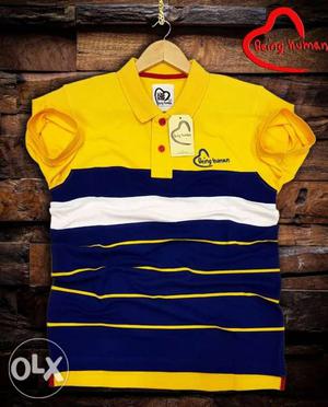Yellow, Blue, And White Striped Polo Shirt