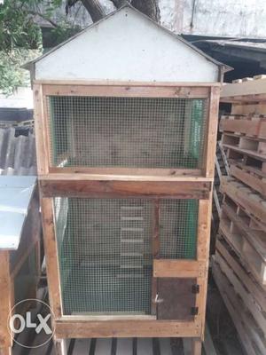 Brown And White Wood-framed Pet Cage