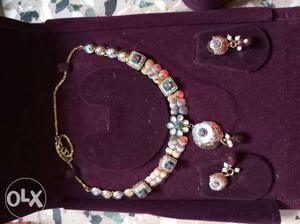 Beaded White And Pink Necklace And Pair Of Earrings