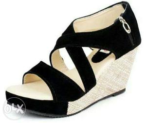 Black And Beige Open-toe Wedge Sandal 7 inch