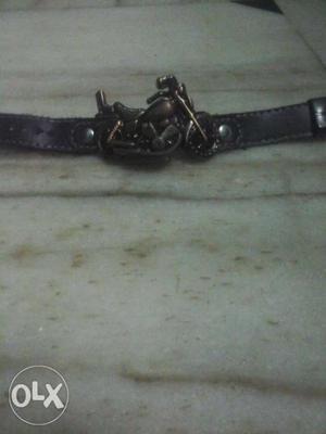 Black Leather Belt With Motorcycle Buckle