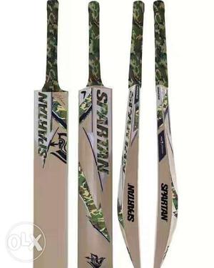 Four Brown, Green, And Gray Cricket Bats