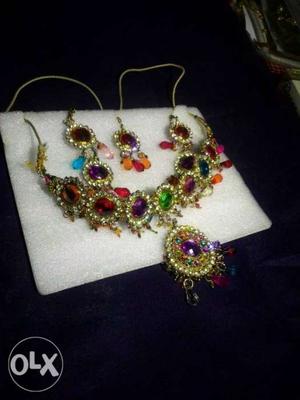 Gold-colored Chandelier Necklace With Pair Of Earrings
