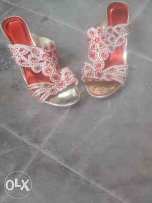 Pair Of White-and-red Floral Sandals