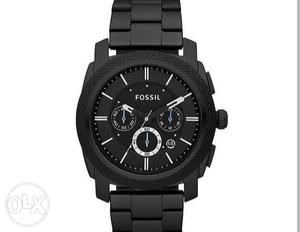Round Black Fossil Chronograph Watch With Link Bracelet