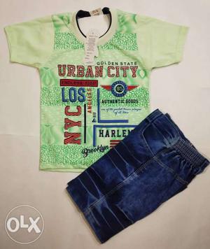 Toddler's Green Crew-neck Shirt And Blue Denim Shorts