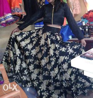 Women's Black And Gold Floral Long Skirt