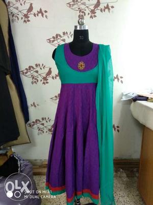 Women's Purple And Green Sleeveless Dress