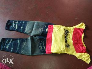 Yellow red t-shirt Navy Blue jeans pant 2 years baby new