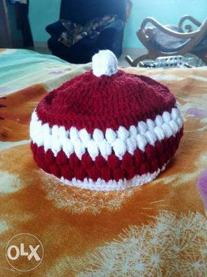 White And Red Crochet Cap