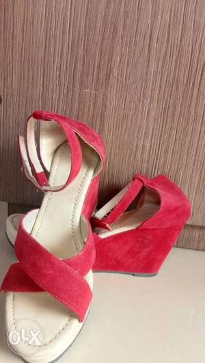 Pair Of Red Suede Open-toe Ankle-strap Wedge Sandals