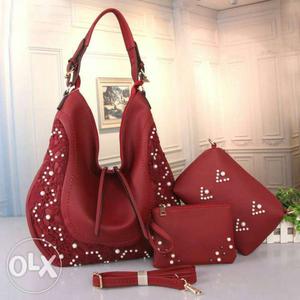 Red Leather Tote Bag Set Of Three