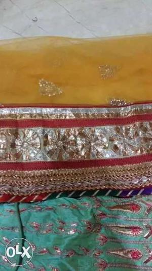 Silk ghagra n net dupatta with pure raw silk gota
