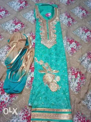 Teal And Pink Floral Long-sleeved material Dress