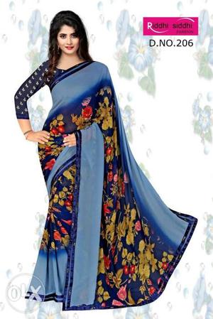 Women's Blue And Gold Floral Sari