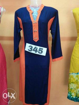 Women's Blue And Orange Long-sleeved Dress