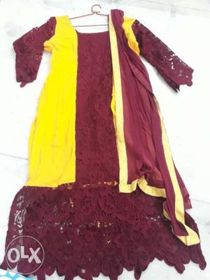 Yellow kurta with red chiken embroidery..with