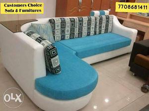 Blue And White Suede Sectional Couch With Text Overlay