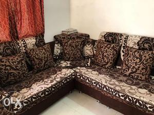 Brown And Black Floral Fabric Sofa Set