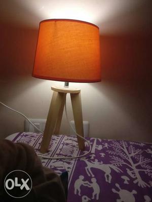 Brown Wooden Base With Red Lampshade Table Lamp with Bulb