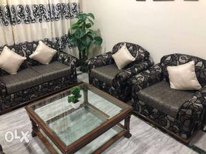 Brown Wooden Framed Gray Padded Sofa Set