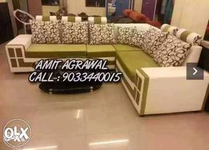 Green And White L-shape Sectional Couch