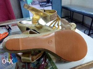 Pair Of Gold Leather Strappy Wedges
