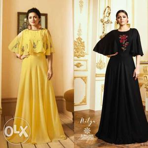 Two Women's Yellow And Black Ruffled Dresses Collage