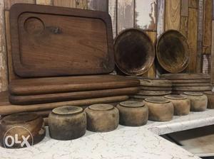 Wooden plate tray and bowl set