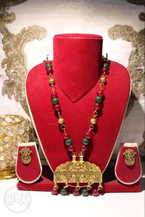 Beaded Red And Green Necklace And Pair Of Earrings