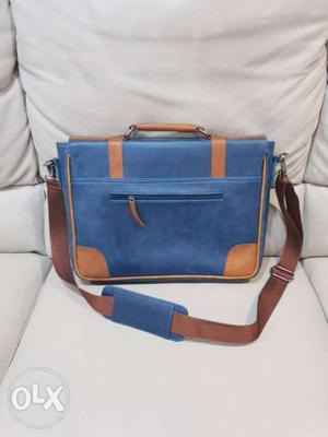 Blue And Brown Original Leather Crossbody laptop Bag for men