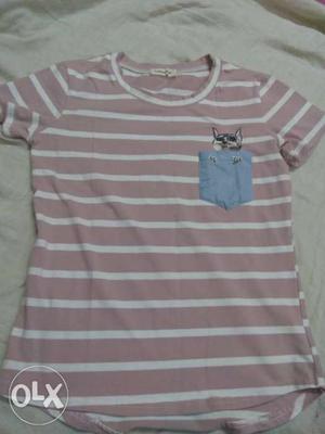 Cute round neck pink and white striped girls